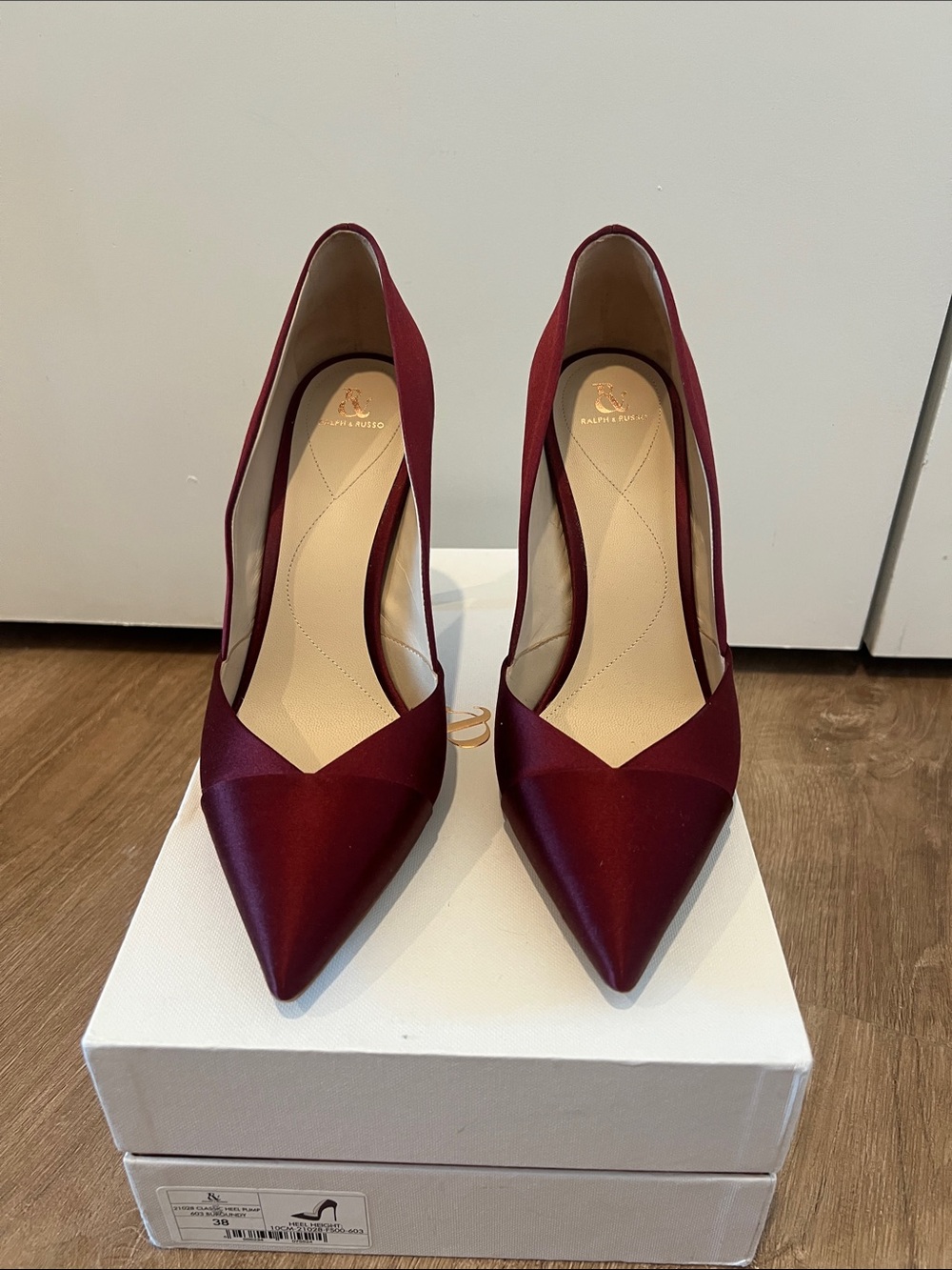 Pointed-Toe Satin Pumps in Burgundy Ralph Russo